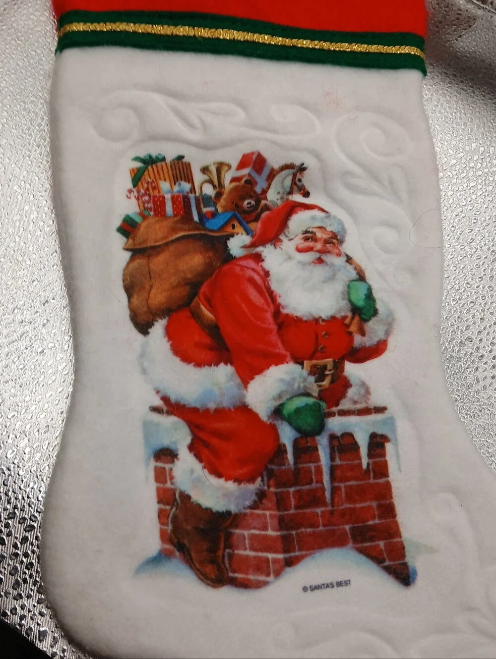 VTG 1980s Santa's Best Felt Christmas Stocking Embossed Santa chimney